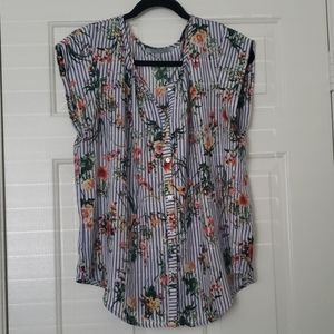 Blue and White Striped Top with Floral pattern